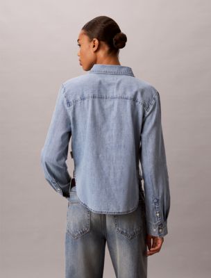 Женская рубашка Calvin Klein Denim Cropped Relaxed Button-Down, цвет: Синий — фото 2