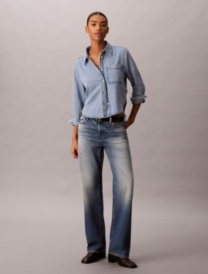 Женская рубашка Calvin Klein Denim Cropped Relaxed Button-Down, цвет: Синий — фото 3