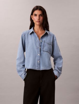 Denim Cropped Relaxed Button-Down Shirt, Blue Riveria