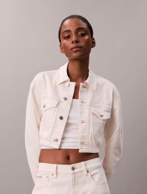 Cropped Denim Trucker Jacket, Ecru