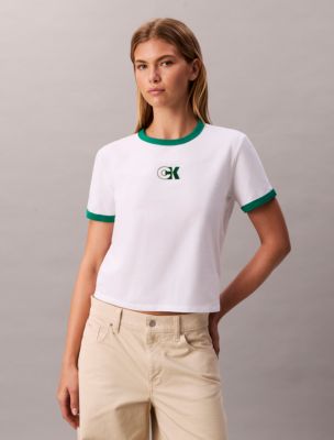 Monogram Logo Slim Ringer T-Shirt, Brilliant White/Green