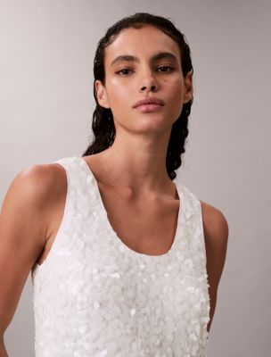 calvin klein white sequin dress New! Size 4 CALVIN KLEIN Sheath Dress White Allover Sequin Front Cowl  Neckline