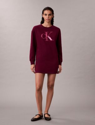 Fleece Sequin Monogram Mini Sweatshirt Dress, Berry Glaze 