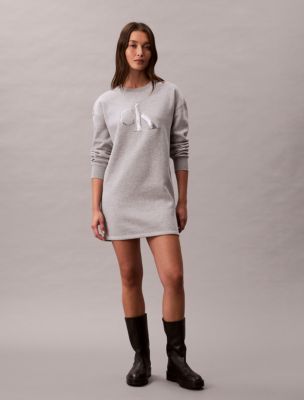 Fleece Sequin Monogram Mini Sweatshirt Dress, Grey Heather