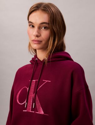 Fleece Sequin Monogram Relaxed Hoodie, Berry Glaze 