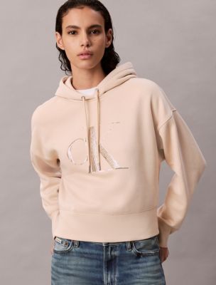 Fleece Sequin Monogram Relaxed Hoodie, Tuscan Beige 