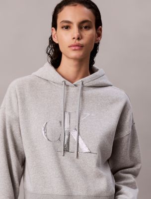 Fleece Sequin Monogram Relaxed Hoodie, Grey Heather
