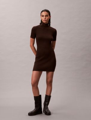Lurex Merino Wool Blend Rib Sweater Dress, Mocha Brown