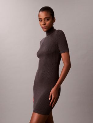 Calvin Klein Women's Lurex Merino Wool Blend Rib Sweater Dress in Coal | Size: L 55% Pet/45% Wool