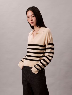 Extra Fine Merino Blend Stripe Polo Sweater, Tuscan Beige