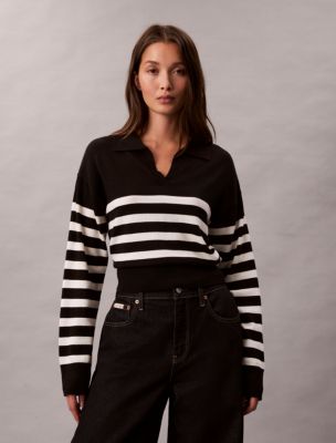 Extra Fine Merino Blend Stripe Polo Sweater, Black Stripe