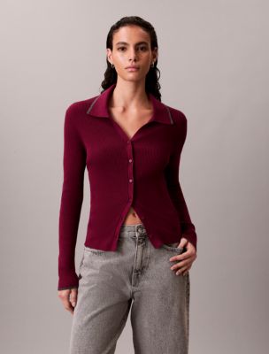 Smooth Cotton Rib Tipped Polo Cardigan, Berry Glaze 