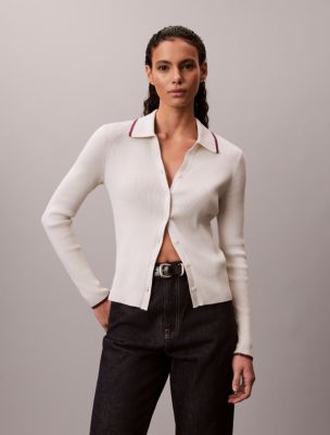 Smooth Cotton Rib Tipped Polo Cardigan, Chalk