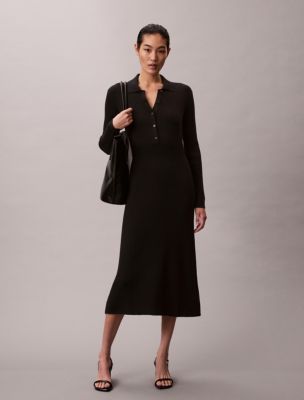 Smooth Cotton Rib Midi Dress, Black