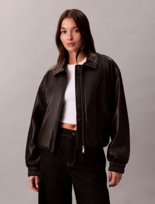 Faux Leather Insulated Bomber Jacket, Black