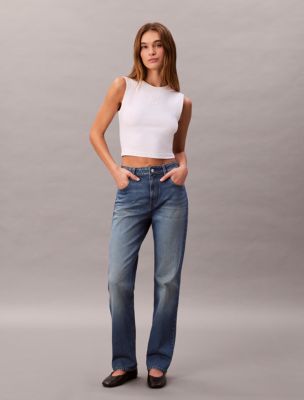 High Rise Straight Jeans, Aqua Navy