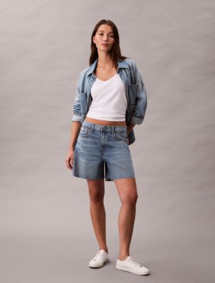 High Rise A-Line Denim Shorts, Silver Rain