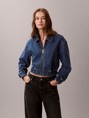 Denim Cropped Bomber Jacket, Aqua Navy