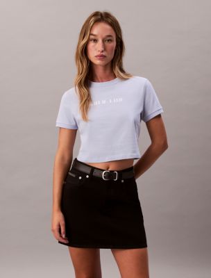 Logo Graphic Cropped Slim T-Shirt, Casual Blue 