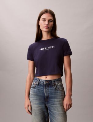 Logo Graphic Cropped Slim T-Shirt, Maritime Blue