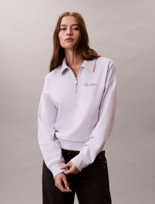 French Terry Script Logo Graphic Quarter Zip Sweatshirt, Frosty Lilac