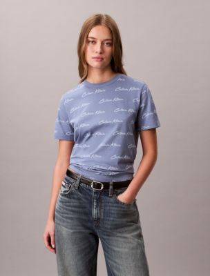 Allover Script Logo Graphic Classic T-Shirt, Dusty Sailor Blue