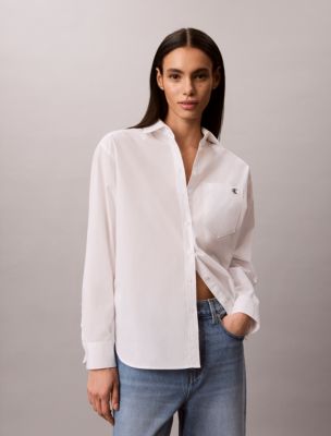 Cotton Poplin Relaxed Button-Down Shirt, Brilliant White