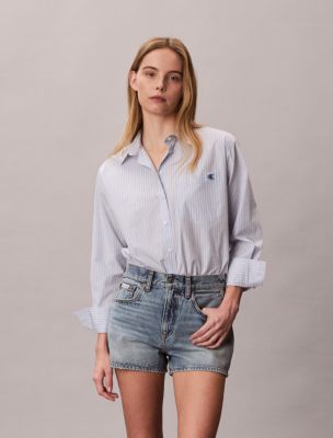 Cotton Poplin Stripe Relaxed Button-Down Shirt, Breezy Blue Three Color Refined Stripe