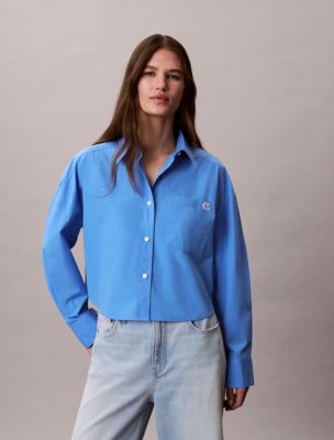 Cotton Poplin Cropped Boxy Button-Down Shirt, Marina