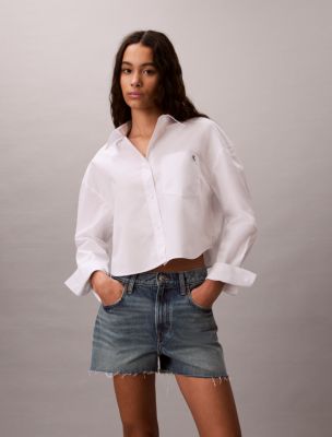 Cotton Poplin Cropped Boxy Button-Down Shirt, Brilliant White