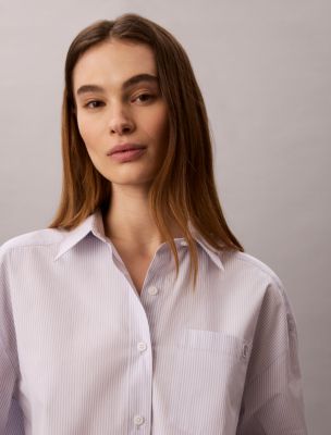 Женская рубашка Calvin Klein Cotton Poplin Cropped Boxy Button-Down, цвет: Полосатый небесно-голубой белый — фото 2