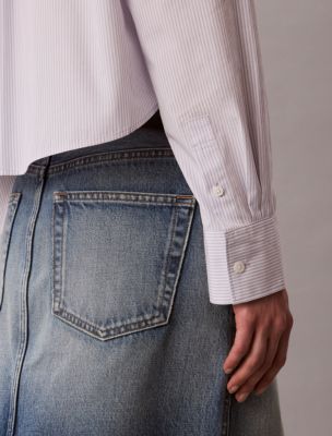 Женская рубашка Calvin Klein Cotton Poplin Cropped Boxy Button-Down, цвет: Полосатый небесно-голубой белый — фото 4