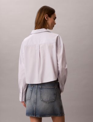 Женская рубашка Calvin Klein Cotton Poplin Cropped Boxy Button-Down, цвет: Полосатый небесно-голубой белый — фото 5