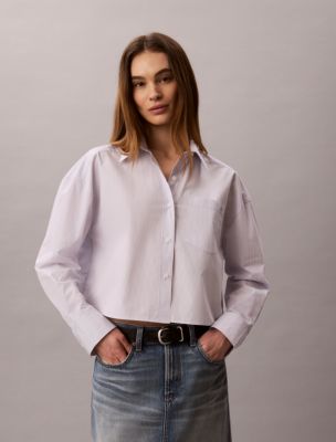 Cotton Poplin Cropped Boxy Button-Down Shirt, Stripe Cosmic Sky Brilliant White