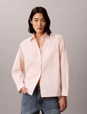 Cotton Poplin Relaxed Button-Down Shirt, Soft Pink