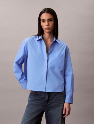 Cotton Poplin Boxy Button-Down Shirt, Blue Descent