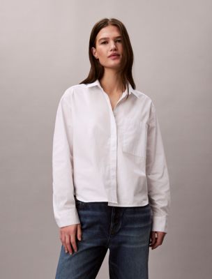 Cotton Poplin Boxy Button-Down Shirt, Brilliant White