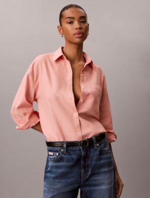 Linen Blend Relaxed Button-Down Shirt, Luminous Peach