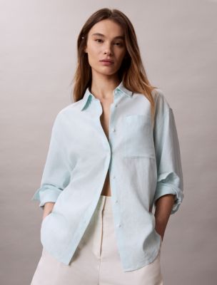 Linen Blend Relaxed Button-Down Shirt, Aqua Breeze