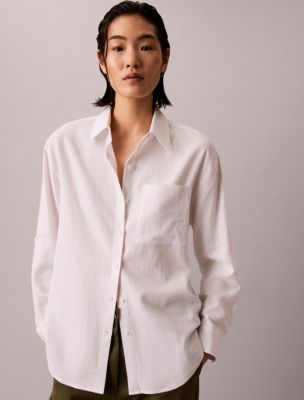 Linen Blend Relaxed Button-Down Shirt, Brilliant White