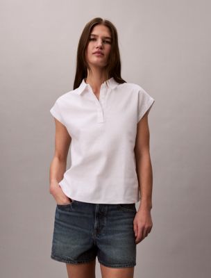 Linen Blend Short Sleeve Top, Brilliant White