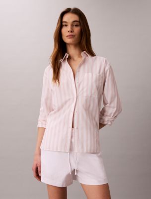 Cotton Poplin Relaxed Button-Down Shirt, Rose Dawn Accent Stripe