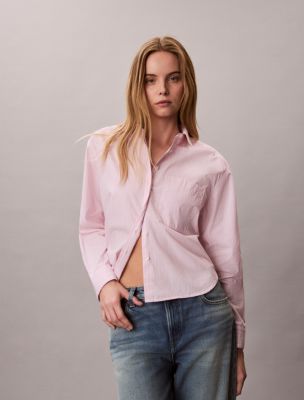 Cotton Poplin Boxy Button-Down Shirt, Cradle Pink Stripe