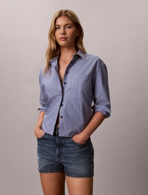 Cotton Poplin Boxy Button-Down Shirt, Dusty Sailor Blue Stripe
