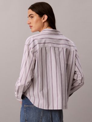 Женская рубашка Calvin Klein Cotton Poplin Boxy Button-Down, цвет: Полосатый белый фиолетовый — фото 2