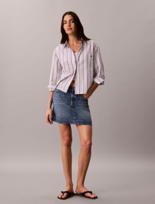 Женская рубашка Calvin Klein Cotton Poplin Boxy Button-Down, цвет: Полосатый белый фиолетовый — фото 3