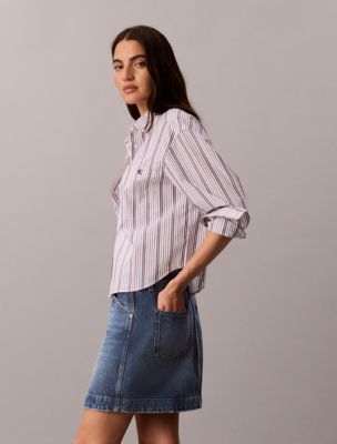 Женская рубашка Calvin Klein Cotton Poplin Boxy Button-Down, цвет: Полосатый белый фиолетовый — фото 5
