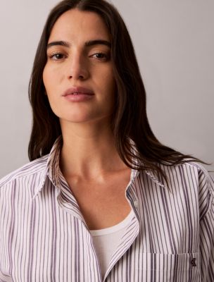 Женская рубашка Calvin Klein Cotton Poplin Boxy Button-Down, цвет: Полосатый белый фиолетовый — фото 6