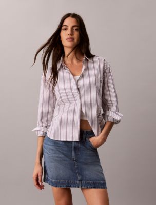 Женская рубашка Calvin Klein Cotton Poplin Boxy Button-Down, цвет: Полосатый белый фиолетовый