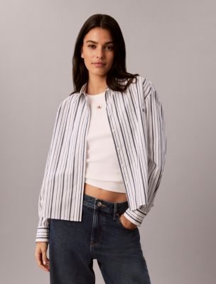 Cotton Poplin Boxy Button-Down Shirt, Lorin Stripe Brilliant White / Plein Air